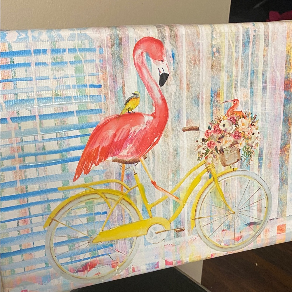 Flamingo Bicycle Embellished Giclee Canvas Art